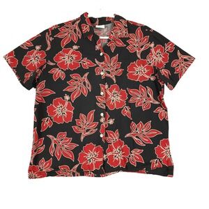 Go Barefoot Hawaiian Shirt Womens L Black Red Floral Made in USA Aloha